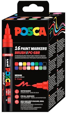 POSCA Mitsubishi Pencil, Pochette 16 Marqueurs PC5BR, pennborste, halvflexibel – pekskärm på basen – Tout Support – färgtillbehör