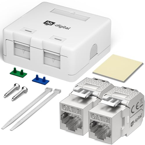 HB-DIGITAL Boîte de connexion 2 ports Keystone Modul CAT 7 Prise réseau en saillie avec modules RJ45 écrantés pré-montés – Prise LAN pour 10 Gigabit Ethernet - Blanc