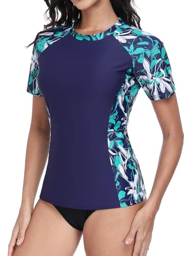Charmo Rash Vest Women UPF 50+ Short Sleeve Beach Swim Top | Quick Dry, Lightweight, Sun Protection, Breathable, 4 Way Stretch, Floral, Running,Surfing