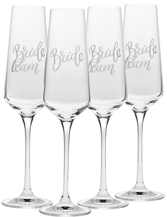 Krosno – Flûtes à Champagne et Prosecco Bride & Team Bride 180 ml – Coffret de 4 Pièces – Fait Main – Verre en Cristal – Décor Blanc Mat – Pour Enterrement de Vie de Jeune Fille et Cadeau de Mariée