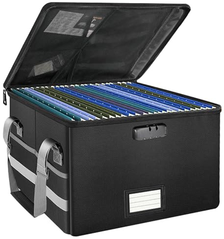 Fireproof Document Box Waterproof File Box with Lock, Filing Box with Handle and Zipper Collapsible & Lockable File Organiser Home Office Filing Safe Storage Boxes for A4 Suspension File Folder