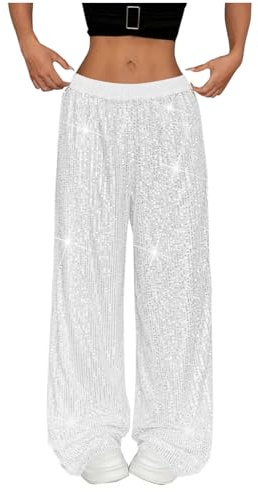 Generisch Glitzer Hose Damen High Waist Pailettenhose Festival Outfit Glitzer Bling Diskothek Hose mit Elastische Bund Damen Rave Outfit Freizeithose Gerades Bein Clubwear Streetwear Paillettenkleid