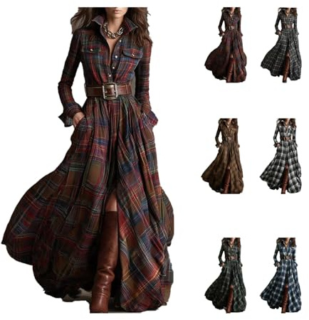 Abito a camicia a quadri Maxi abito camicia da donna a maniche lunghe con bottoni frontali a quadri maxi abiti con scollo a V con bottoni con tasche Retro Western Cowboy stile vintage gonna fluida a