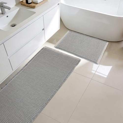 Btstil Badezimmerteppich Set 2 teilig, Badezimmerteppich Groß Waschbar, rutschfest, Weich Waffel Badteppich, Super Saugfähige Badvorleger für Badezimmer, Wohnzimmer (Grau-weiß)
