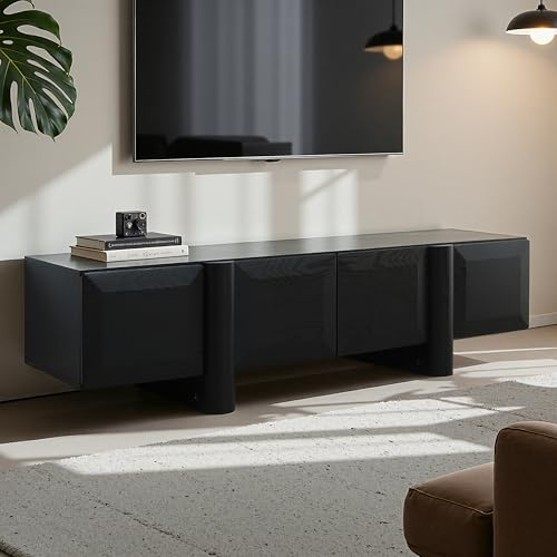 Hometopia TV-Lowboard 160 cm, Schwarz mit geometrischen Fronten | Modernes TV-Board mit 4 Push-to-open-Türen, verstellbarem Einlegeboden und 2 Kabeldurchlässen, 160 × 40 × 40 cm