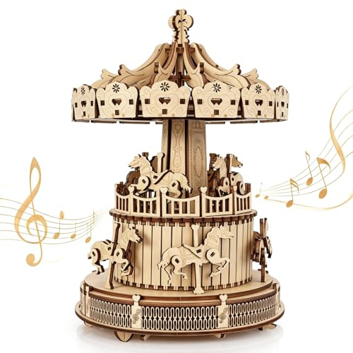 BELEEV 3D Puzzle Karussell Spieluhr, Aufziehbarer Holzmodellbausatz | Holzpuzzle mit Beweglichen Pferden, DIY-Weihnachts-Innendekoration, ohne Kleber, Geschenk für Erwachsene, Jugendliche