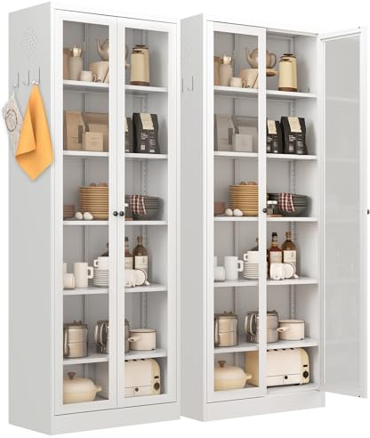 IKIMI 183x70x35cm Aktenschrank Metall mit 2 Glastüren und 5 verstellbaren Einlegeböden,Weiß Glasvitrine,6 Ebenen Mehrzweckschrank,Werkzeugschrank, Stahlschrank für Büro,Garage Wohnzimmer Schlafzimmer