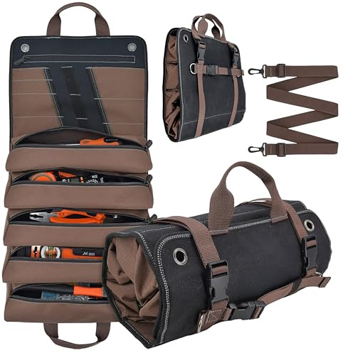 Wood Homing Canvas Tool Roll Bag - Heavy Duty Tool Roll Up Organiser with 5 Zip Pouch Shoulder Strap Wall Mounted Rolling Tools Box Workshop Storage Gift for Dad Husband Boyfriend Grandpa Electricians