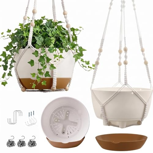 FUSHITON Pack de 3 Maceteros Colgantes para Interior y Exterior, Macetas Autorriego 24+24+20,5 cm Reforzadas con 2 Tipos de Ganchos y Platillo Extraíble - Blanco