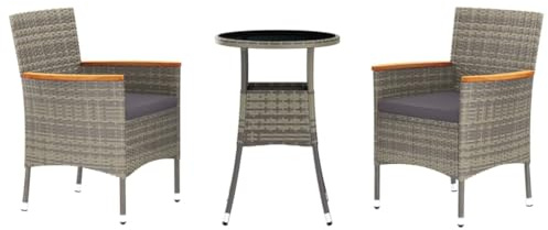 Qnhdfrt Set bistro da giardino composto da 3 pezzi, composto da 2 sedie e tavolo da bistrò, mobili da balcone in polyrattan, telaio in acciaio verniciato a polvere, cuscino incluso, grigio