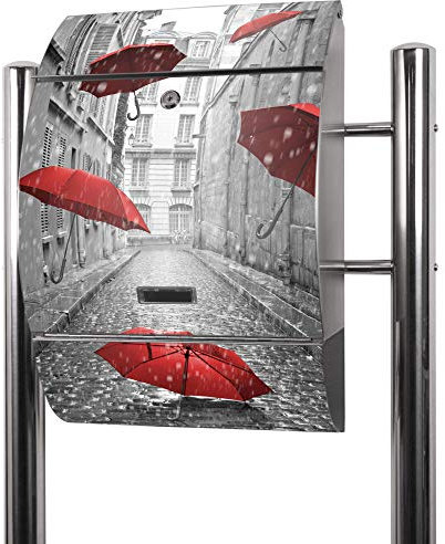banjado® Standbriefkasten Edelstahl mit Zeitungsfach Motiv Rote Schirme/Briefkasten mit Standfuß/Edelstahl Briefkasten freistehend - A4 Einwurf inkl. 2 Schlüssel