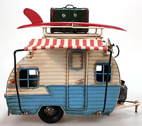 Wohnwagen aus Metall 23 cm hellblau mit Rahmen und Spardose Camper Auto Oldtimer Nostalgie
