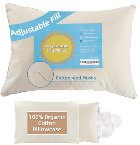 LOFE Organic Toddler Pillow with Pillowcase - 13x18 Toddler Pillow with 100% Organic Cotton Shell, Adjustable Loft Organic Kid Plilow, Machine Washable, Soft, Perfect for Kids&Toddler&Children