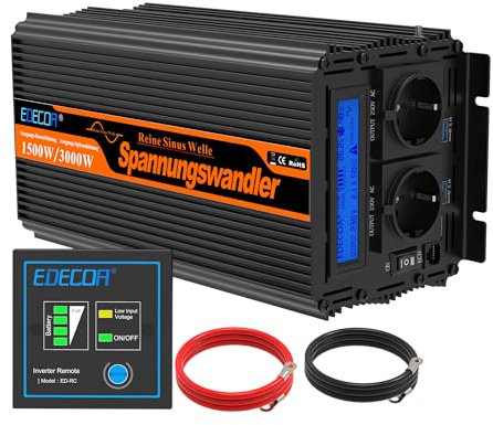 EDECOA Convertisseur 24v 220v 1500w Pur Sinus télécommande et 2X USB Transformateur 1500w et pic momentané 3000w Ondeleur Camion Onde sinusoïdale Pure (3ème génération)