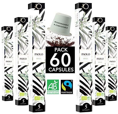 ORIGEENS Capsules Nespresso Compatible | Café BIO Fairtrade Arabica single Origin Brésil PAOLO | 60 Capsules Biodégradables Compostables | Torréfaction Artisanale
