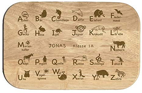 Frühstücksbrettchen ABC personalisiert, Holz graviert, zur Einschulung | ABC lernen beim Frühstück – graviertes Buchenholz-Brettchen mit Wunschname, Geschenk zu Schulanfang und Schultüte