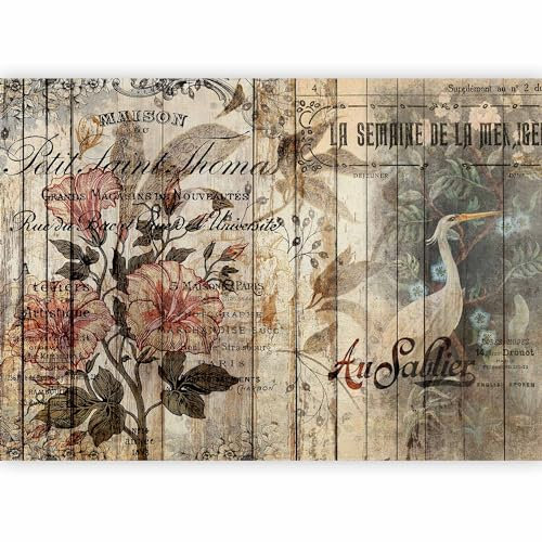 murando - Papier peint panoramique 150x105 cm - Revêtement mural décoration salon - Design moderne - Marron blanc vert - Planches, bois, fleurs, inscriptions en français, rétro vintage n-A-1151-a-a