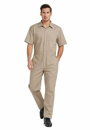 TopTie Herr arbetsoverall kortärmad overall herr arbetskläder med elastisk linning, kaki, 3XL