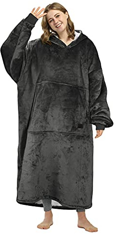 Long Hoodie Blanket, Warm Gifts for Women, Oversized Thick Sherpa Sweatshirt, Soft Cozy Wearable Blanket, Giant Hoody Sweater Adults Men Dark Black