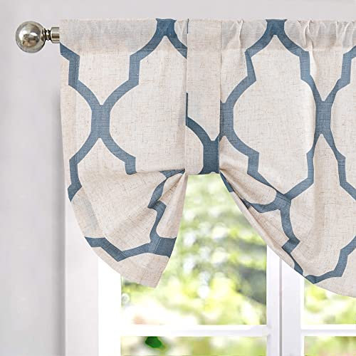 TOPICK Leinen-Optik Gardinen 1 Stück 45Hx127B(cm)-1PC Geometrische Scheibengardinen Marokkanische Vorhänge Verdunklung Küchenvorhang Blau auf Beige