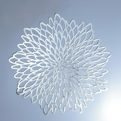 Snowkingdom 18 Pack Silver Placemats Metallic Glitter Vinyl Dinning Table Mats, Decorative Round Leaf Charger Bulk for Winter Thanksgiving Christmas Party Holiday Festive