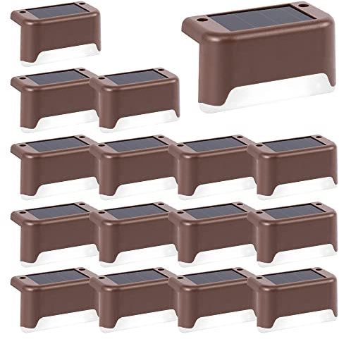 GIGALUMI Solar Fence Lights Outdoor Garden, 16 Pack Solar Step Lights, Waterproof Deck Decorative Lighting for Stairs, Yard, Patio, Gutter, Garden, Pathway Decoration (Brown, Cold White)