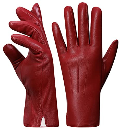 Harssidanzar Lederhandschuhe für Frauen,Winter Kaninchenfell gefütterte weiche Echtlederhandschuhe KL027EU, Rot, Größe XL