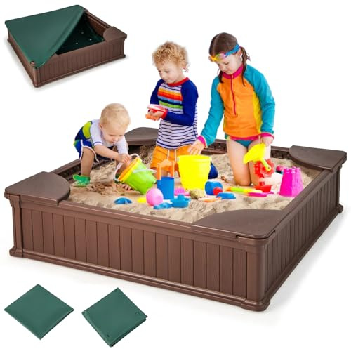HONEY JOY 12.5 Kids Sandbox with Cover, 48 x 48 Inch Large HDPE Pit for Backyard, 4 Corner Seats & Bottom Liner, Sand Protection, All Weather Resistant Sand Boxes for Kids Outdoor (Coffee)