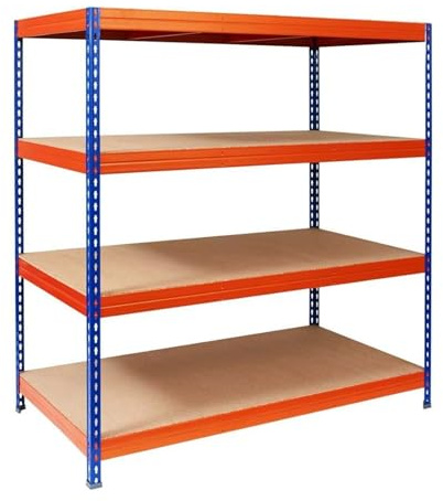 KARAT Étagères à Grande Tenue, Etagère à emboîter, Montage sans Outils, Rayonnages Charges Lourdes Magasin & Garage, Étagère d'atelier modulable (Bleu-Orange 160x150x80 cm - 4 Niveaux)