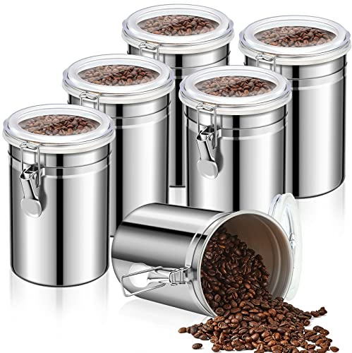 Lallisa 6 Pcs Stainless Steel Kitchen Canister 62 fl oz with Airtight Clear Clamp Lid, Metal Food Storage Container Set for Coffee Bean Ground Coffee Flour Sugar Spice Tea Cereal Snack Candy Pantry