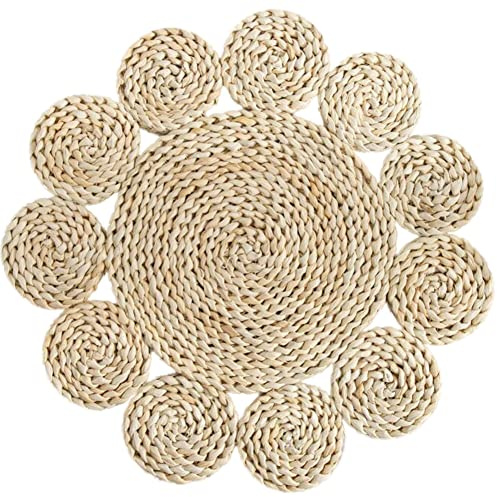 Rattan-Untersetzer,Platzset aus Seegras 38cm Rund Geflochten Tischsets Stroh Tischset Hochwertige Handgefertigte Platzdeckchen Tassenmatten Tischuntersetzer für Getränke, Teetassen Esstisch und Küche