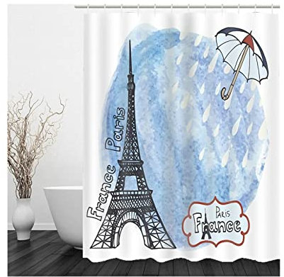 Stfery Cortina de ducha azul ducha, cortina de ducha textil, bañera, paraguas París Francia, 150 x 180 cm, poliéster, cortina de baño, decoración de baño