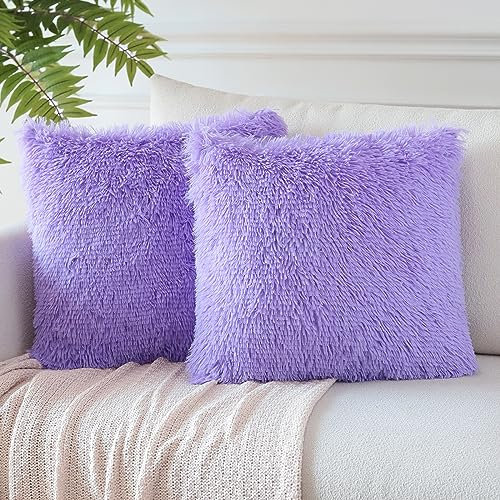 JOTOM Set of 2 Faux Fur Soft Solid Cushion Covers 45x45 cm Decorative Throw Pillow Covers Square Fluffy Cushion Case Home Decor Pillow Cases for Couch Sofa Living Room Bed 18x18 Inch (Purple)
