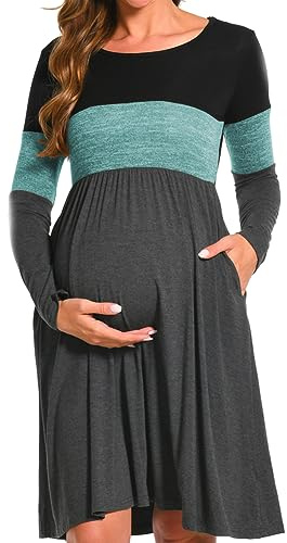 Bearsland Women’s Long Sleeve Maternity Dresses Patchwork Pregnancy Dress with Pocket