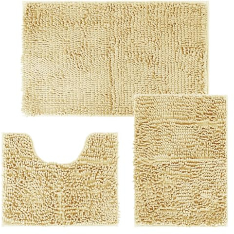 DINGBLUE Chenille Bath Mat set for Bathroom - Ultra Soft Bath Mat Set 3 Piece Non Slip Anti Mould Shaggy Toilet Rug, Absorbent Bath Mats with U-Shaped Toilet Rug, Toilet Lid Cover(Wheat)