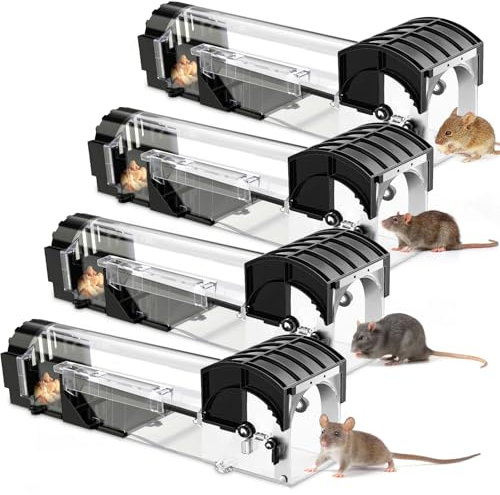 Mouse Traps, 4 Pack Enlarged Humane Mouse Traps for Indoors and Outdoors, No Kill Mice Trap, Improved Highly Sensitive, Effective Quick Reusable Rodent Catcher with Cleaning Brushs (Random Color)