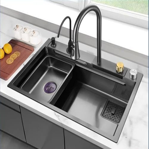 Fregadero Cocina En Cascada Con Grifo Utilitario, Fregadero Cocina 1 Seno De Acero Inoxidable,fregadero Con Accesorios, Fregadero Cocina 1 Seno Con Escurridor, Fregadero Bajo Encimera ( Size : 80*45cm
