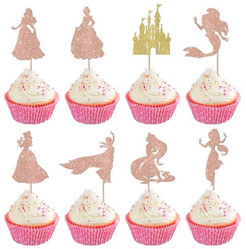 Xsstarmi 24 Pack Magical Princess Theme Cupcake Toppers Glitter Bella Castle Ice Elsa Cupcake Picks Mermaid Princess Cake Decorations for Princess Theme Girls Birthday Party Supplies Rose Gold