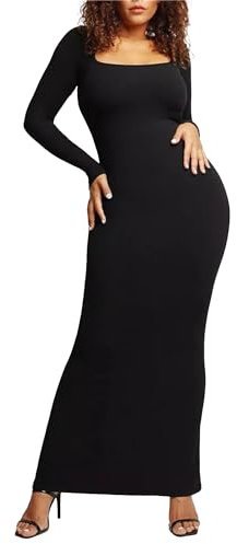 DGCUPODE Damen U-Ausschnitt Basic Bodycon-Kleider Langärmelige Bleistiftkleider Einfarbiges Club-Cocktail-Maxi-Kleid (Schwarz,XS)