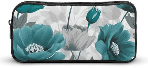 BTCOWZRV Großes Federmäppchen, blaugrün, grau und weiß, Blumenmuster, ästhetisches Stifteetui für Damen und Herren, tragbare Kosmetiktasche, multifunktionale Münztasche für Büro, Urlaub, Stil, 22 x 12