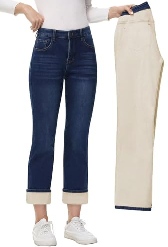 AMRSPENG Women's Fleece Lined Jeans Women Straight Leg Jeans Winter High Waisted Fleece Lined Denim Pants Navy Blue Size 6