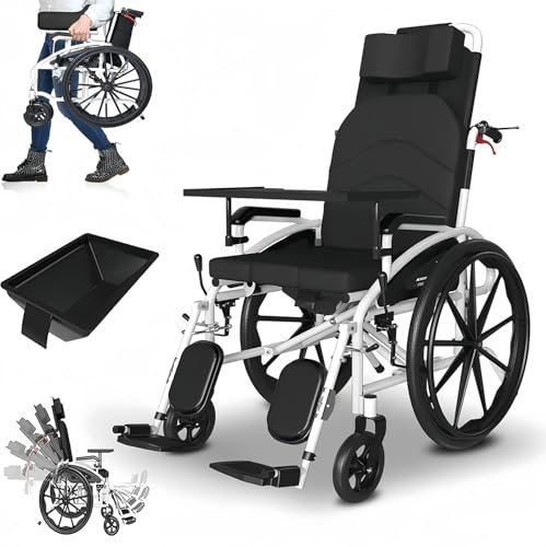 Rollstuhl faltbar Lleicht Liegender Transportrollstuhl Rrollator Schmal Pflegerollstuhl mit Liegefunktion mit Abnehmbarer Kopfstütze und Anhebbarer Beinstütze