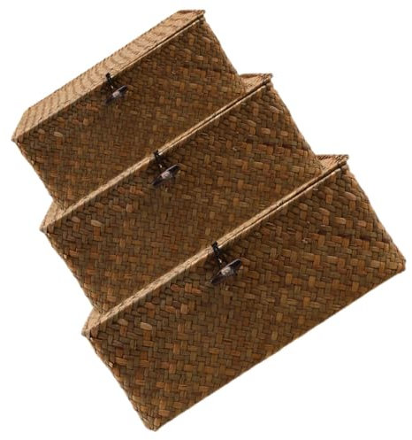 LABRIMP Aufbewahrungsboxen-set Aus Rohrkörben 3-teilig Aufbewahrungsboxen Aus Seegras Mit Deckel Dekorative Weidenkörbe Für Büro Und Zuhause