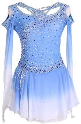 Zagitova Langärmlige Eislaufkleider for Frauen Damen Hollow Dance Kleider mit Funkelnden Strasssteinen(Blue_XL)