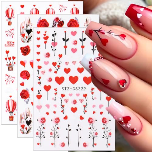 Valentinstag Nagelsticker Heißluftballon Nail Sticker Herz Nagelaufkleber Valentine Rose Blume Nagel Sticker Herzen Floral Nail Stickers Flower Nagel Aufkleber Nageldesign Zubehör Nailart