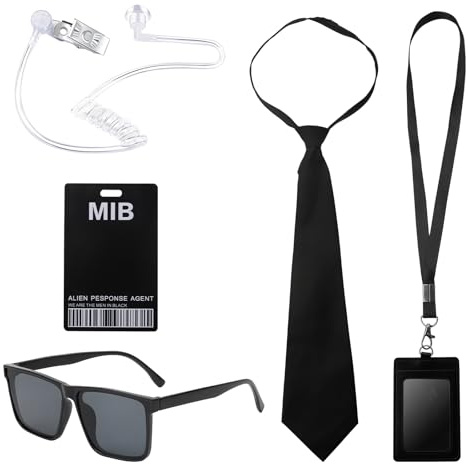ZMDMAH Disfraz de agente espía para hombre en negro, 6 unidades, disfraz vigilante seguridad, disfraces espia, accesorios con gafas de sol, corbata, identificación y tarjetero, adecuado para hombres