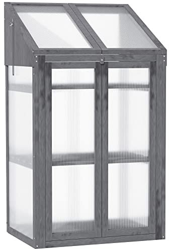 Outsunny Frühbeet aus Holz, Mini Gewächshaus 70 x 50 x 120 cm, Treibhaus mit Abdeckung, Fenster, Doppeltür, lichtdurchlässig Frühbeetkasten mit 3 Regale, Winterfest Hochbeet für Garten, Balkon, Grau