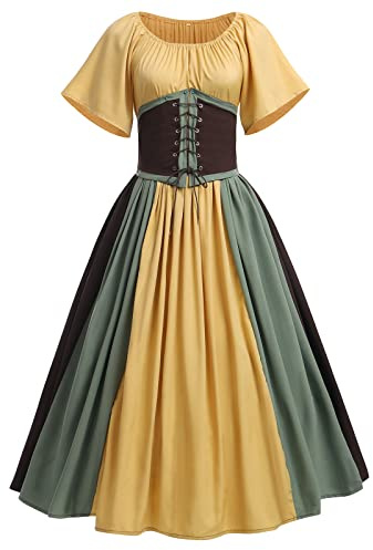 IWEMEK Gothic Kleidung Damen Mittelalter Kleid Lang Renaissance Viktorianisches Kost�m Retro Partykleid Halloween Karneval Vintage Korsettkleid mit ausgestellten �rmeln braun S