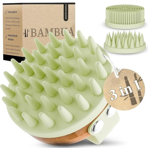 BAMBUA Kopfhaut Massagebürste - (3 AUFSÄTZE) vielseitige Kopfmassage Bürste mit Anti-Schuppen Effekt - Premium Haar Massagebürste Haare - Utensilienset inkl. E-Book „Gesunde Kopfhaut“ (Grün)