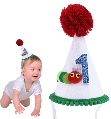 Gosknor Raupe Erstes Geburtstagshut, Weich Eine Babykrone für 1. Geburtstag mit Rotem Bommel für Jungen Mädchen Cake Smash Fotoprops Partyzubehör Thematisches Outfit-Zubehör